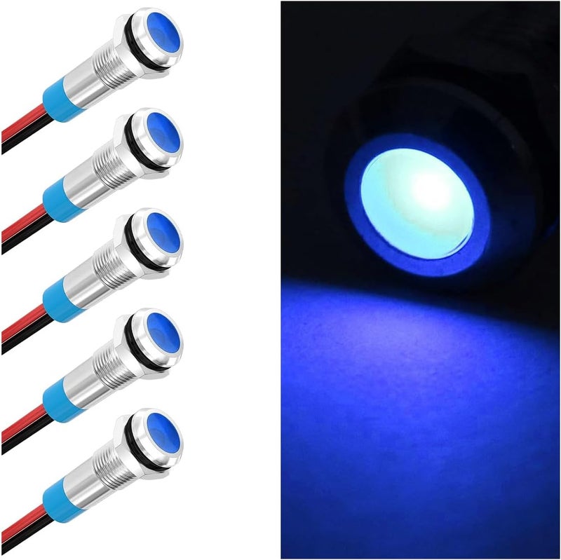 GLSOWEE 5 قطع 6 مم 1/4" ضوء مؤشر LED، 12-24 فولت تيار متردد/تيار مستمر، مصباح إشارة معدني مقاوم للماء IP66، مؤشر معدني بسلك بطول 145 مم، ضوء مؤشر LED للسيارات والشاحنات والقوارب (أزرق) - Image 1